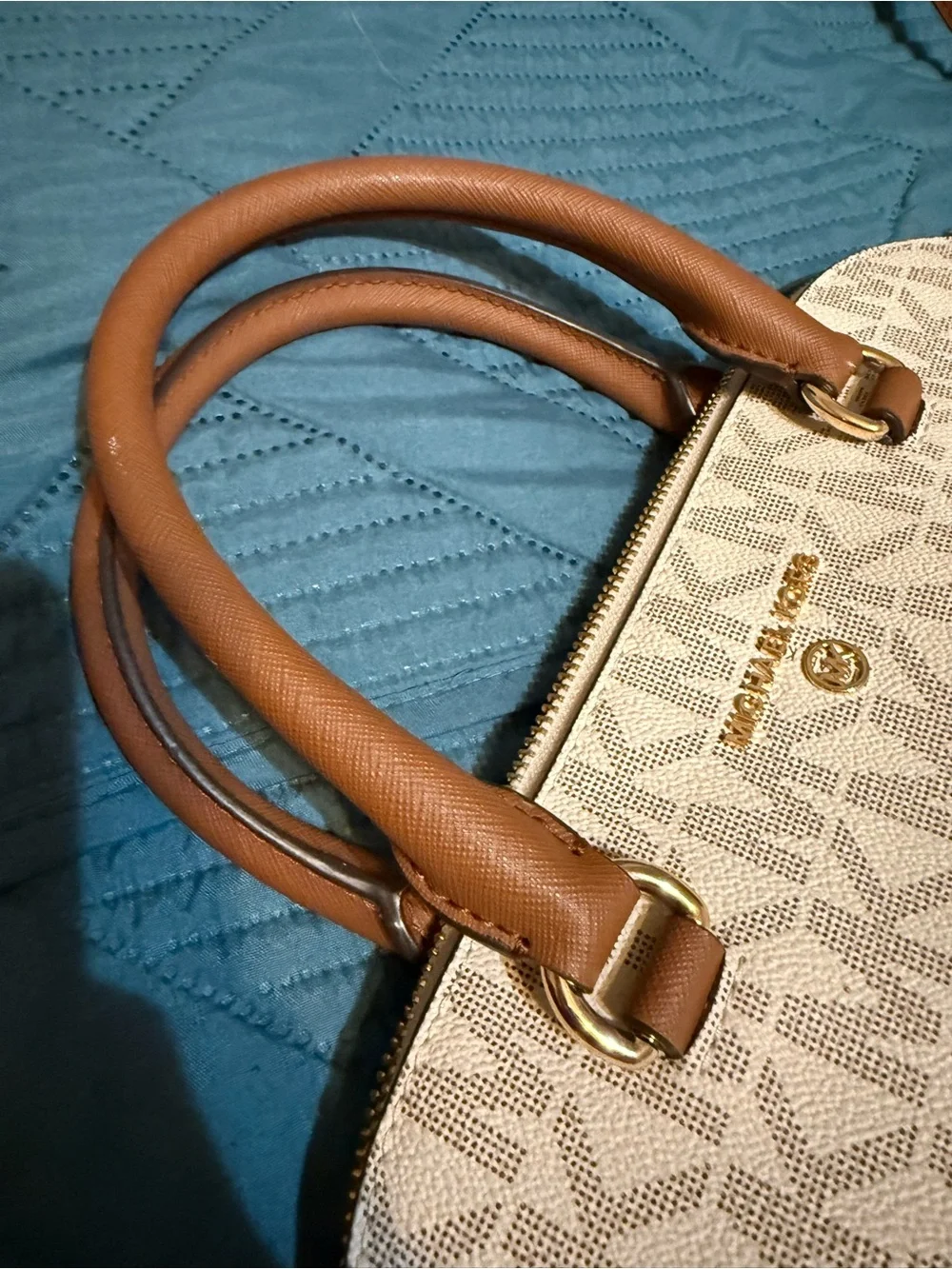 Michael Kors Cream and Brown MK Signature Dome Satchel with Removable Strap